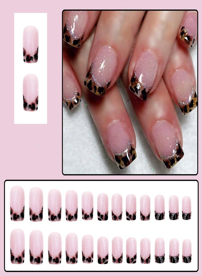 SINHOT Square Press on Nails Short Fake Nails Glossy Glue on Nails Leopard Print Acrylic Nails Bling Glitter Squoval Artificial Nails French Tip Stick on False Nails with Design 24 pcs - Image 4